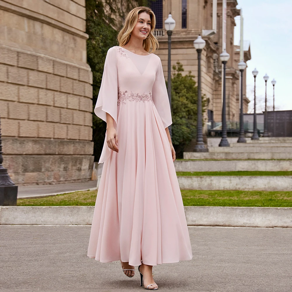 Elegante vestido de Madre de la novia para bodas, cuello redondo rosa, apliques de cuentas, mangas 3/4, largo hasta el tobillo, una línea, vestido de invitados de boda