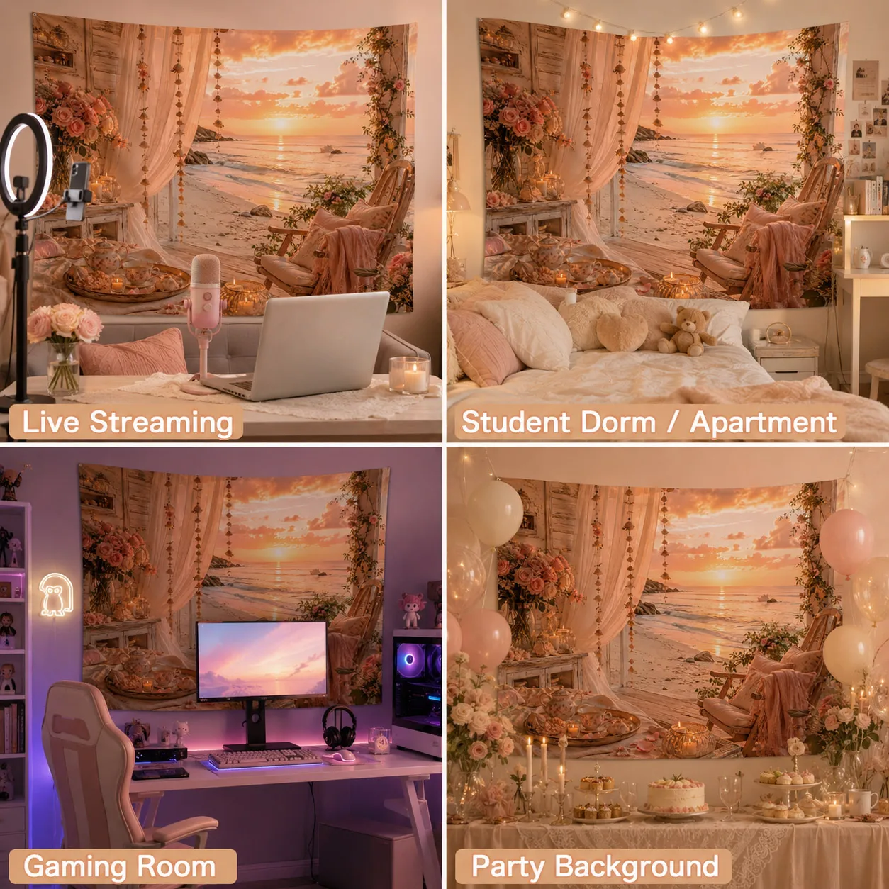 Romantic Window Tapestry Wall Art Cozy Pink Rose Floral Woven Blanket Seaside Landscape Room