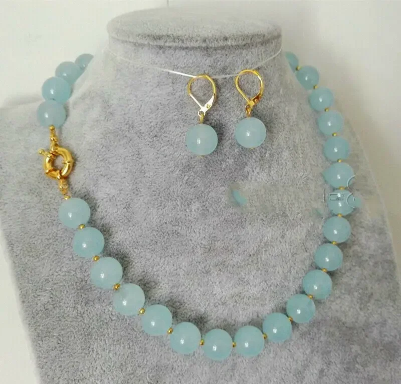 

Handmade 12mm Natural Light Blue Jade Round Beads Necklace Earring Set 18''