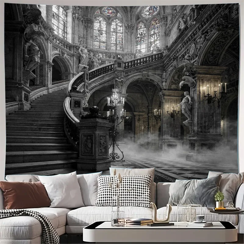 Luxurious Large Scale Black and White Gothic Architectural Tapestry Wall Hanging Grand Staircase Art Decor Print for Living Room