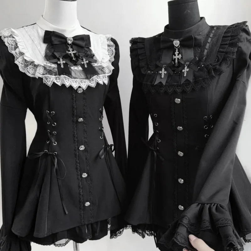 Y2k Ästhetische Lolita Stil Bogen Kleid Shorts Set Frauen Kawaii Spitze Flare Hülse Bogen Hemd Kleid Japanische Punk Party Mini Kleid