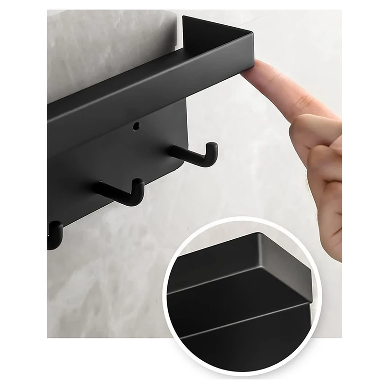 Cincin kunci, gantungan kunci dinding, dengan rak, nampan kunci dengan rak dan 6 kait perekat, Bar kunci untuk kamar mandi kantor hitam tahan lama