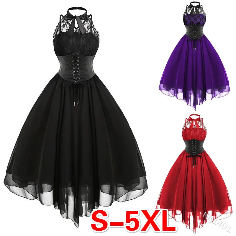 

Sexy Steampunk Gothic Halter Backless Dress Punk Lace Up High Waist Women Swing Dress Victorian Ball Bown Vintage Corset Dresses