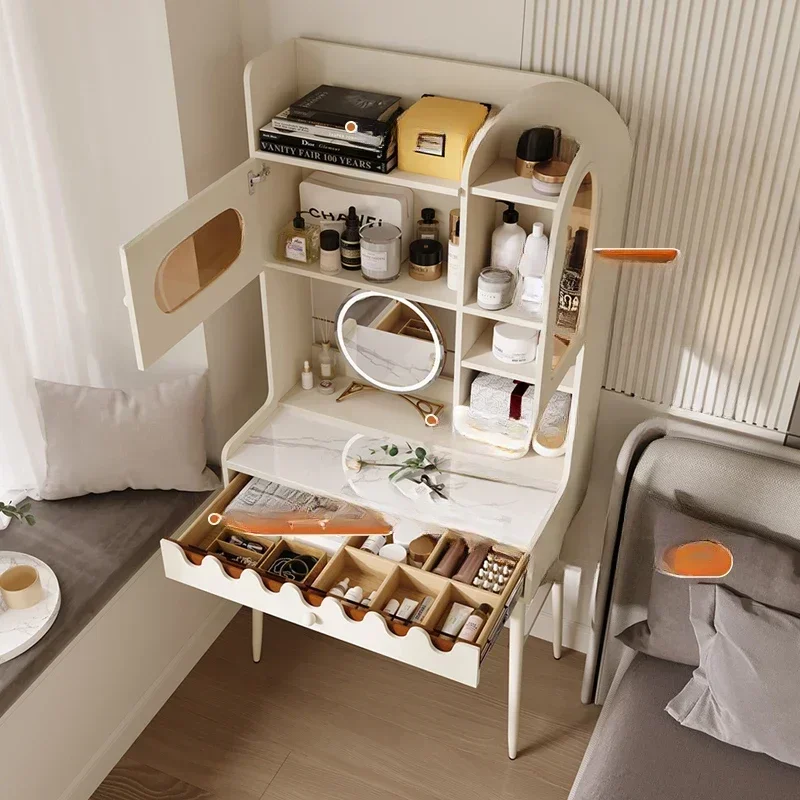 

m Modern Vanity Table with Glass Top, Drawers, Charging Ports and LED Mirror m