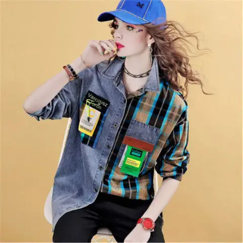 High Class Denim สี Contrast Patchwork เสื้อผู้หญิงความรู้สึกการออกแบบใหม่ลายสก๊อตเสื้อยอดนิยมฤดูใบไม้ผลิและฤดูใบไม้ร่วง2023