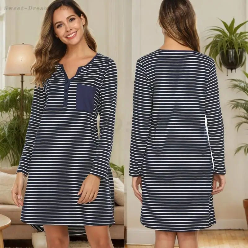 

Long Sleeved Striped Nightgown Spring Autumn V-Neck Nightdress Casual Home Wear Soft Comfortable Lingerie Sleepwear Loungewear