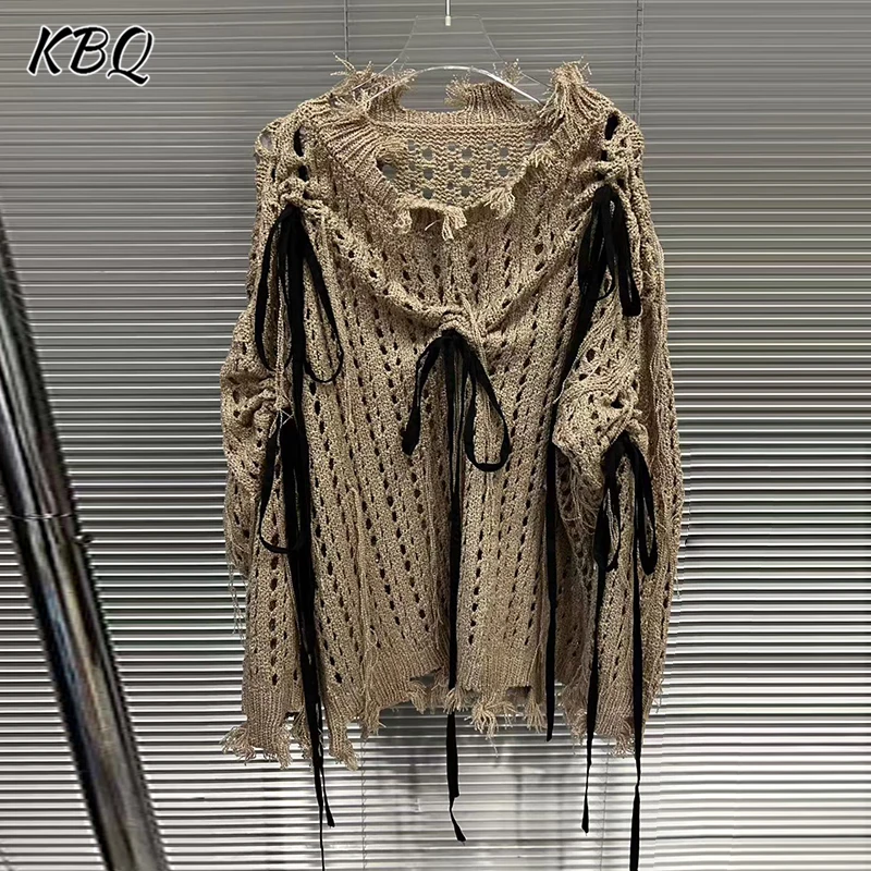 

KBQ Solid Spliced Lace Up Hollow Out Loose Sweater for Women Irregular Neck Long Sleeve Design Sense Sweater Female Fashion New