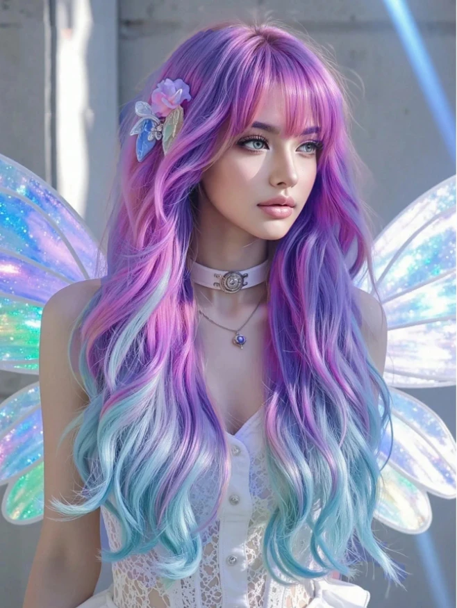 Rainbow Color 26inch Fashion Synthetic Wig Synthetic Heat-Resistant Fiber Curls Bob Wig With Bangs High Quality Ladies Wig Is Pe