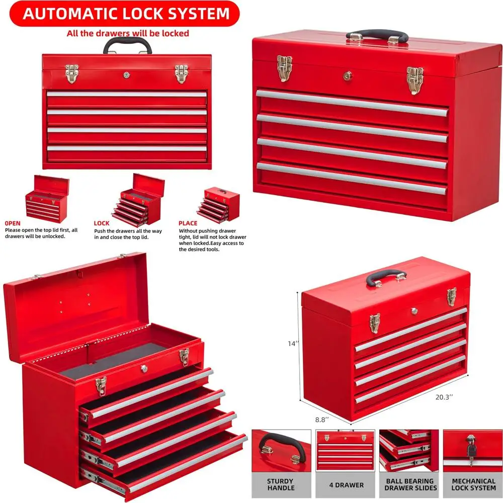 

Металлический переносной ящик для инструментов на 20 предметов с цилиндровым замком для дома, автомобиля и мастерской