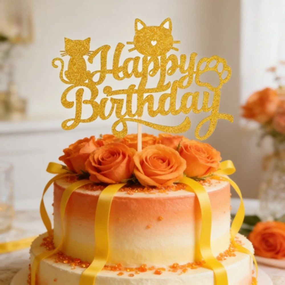 1 Stück Goldener Glitzer-Katzen-Kuchenaufsatz Set Entzückendes Kätzchen-Thema Kuchendekoration für Babypartys, Kindergeburtstage – Detail 1