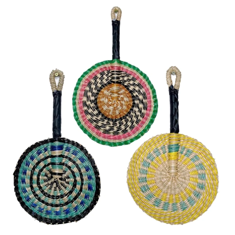 Handmade Woven Straw Hand Fan Weaving Colorful Handhelds Fan for Summertime Cooling Supplies Home Wall Decorations