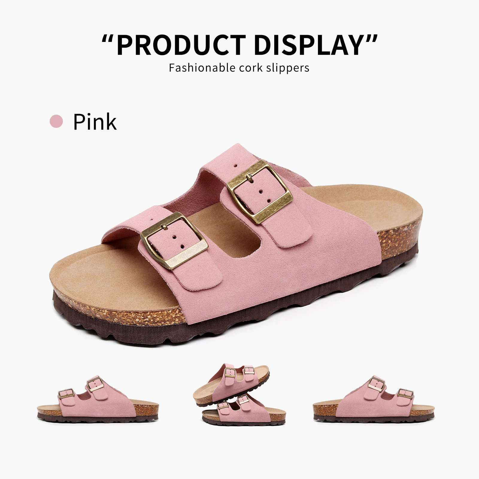 Birken Genuine Leather Women's Flat Slide Sandals - 2 Strap Design, Arch Support, Non-Slip, Cork Footbed, Slip-On Style