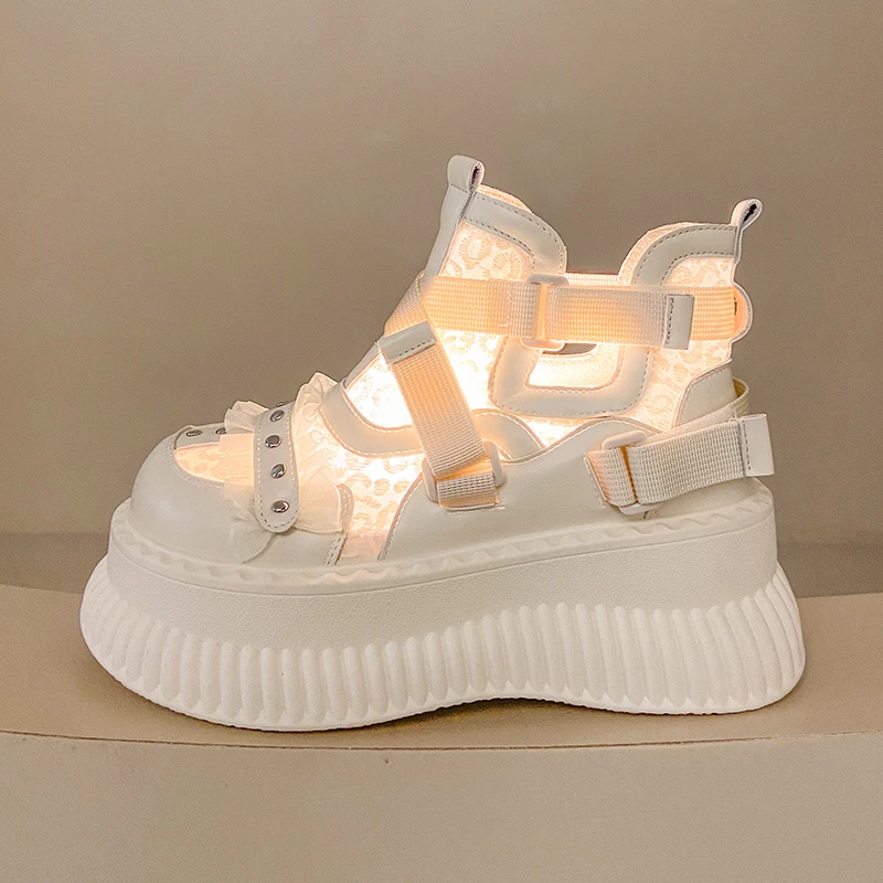 الصنادل النسائية الصيف الرجعية مائة الدانتيل شبكة تنفس سميكة وحيد لباس غير رسمي عالية أعلى أحذية باردة Zapatos De Mujer 2026