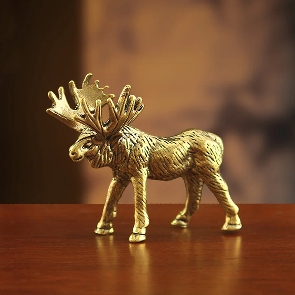 Mini Brass Moose Statue Elk Animal Crafts Tabletop Ornament Collection Tea Pet Home Decor Festival Gift