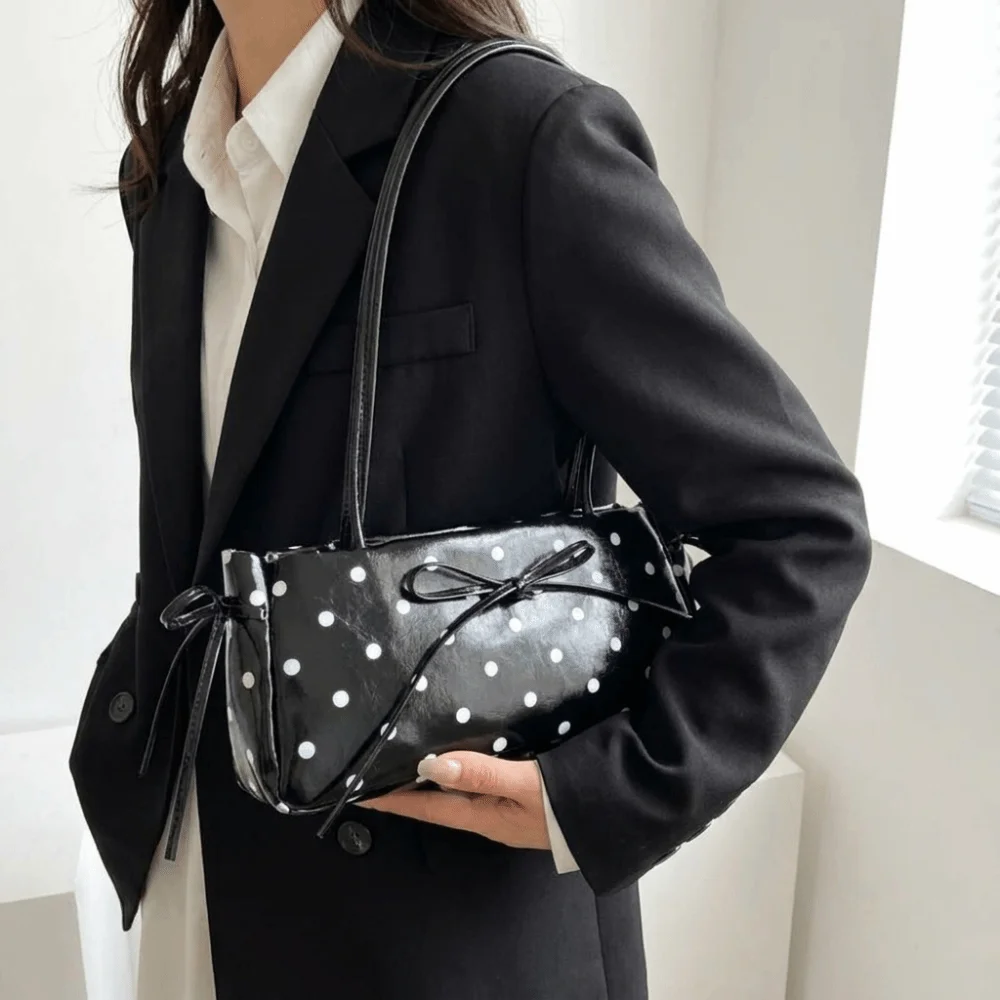Elegant Polka Dot Underarm Bag Long Shoulder Strap Glossy Finish PU Bow Shoulder Bag Minimalist Design Slim Rectangular Handbag