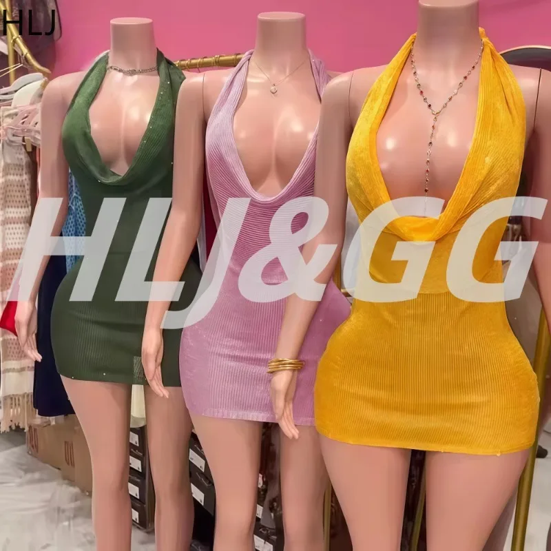 

HLJ&GG Sexy Knit Bodycon Mini Dress Women Halter Deep V-neck Sleeveless Backless Dresses Female Streetwear Vestidos Summer 2025