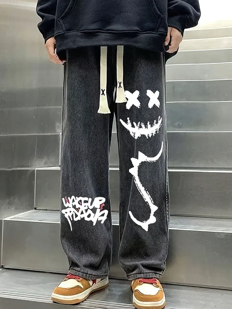 مطبوعة الأسود فضفاض الجينز السراويل الرجال مستقيم كبير الحجم الرسم عادية واسعة الساق الدنيم السراويل الطويلة الكورية الرباط Sweatpants #4