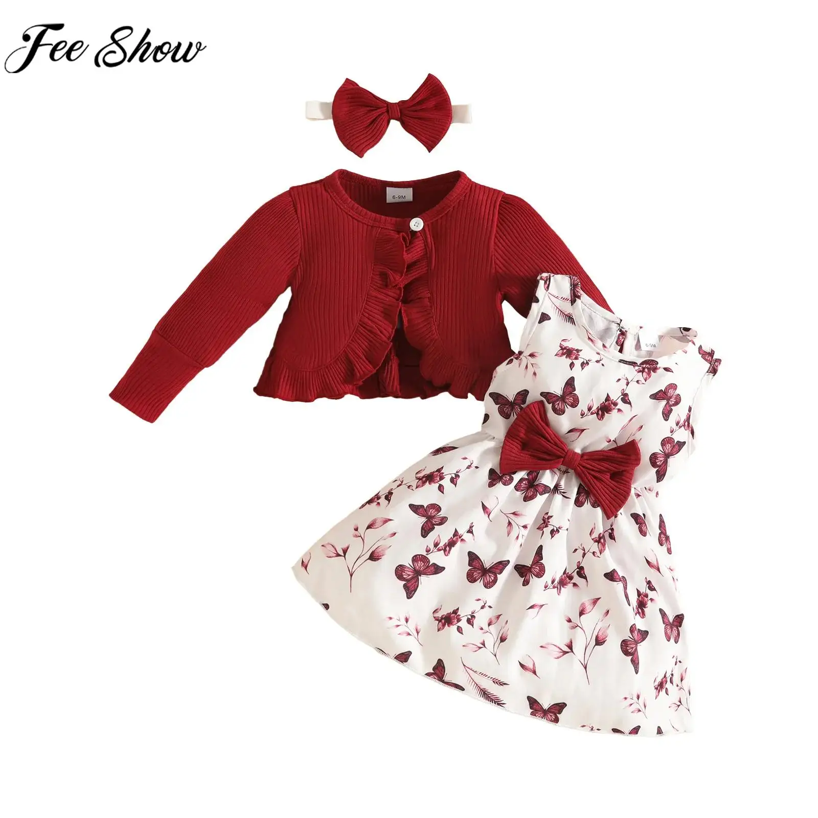 

Kids Girls Sweet Cute Clothes Set Long Sleeve Cardigan Shawl with Floral Print Dress Christmas Birthday Party School Day Outfit