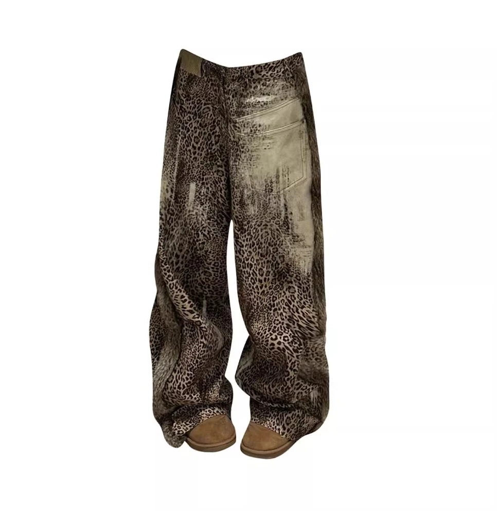 Plus size americano retro emenda fluff leopardo impressão jeans de cintura alta nova menina legal outono inverno rua calças de perna larga esfregar