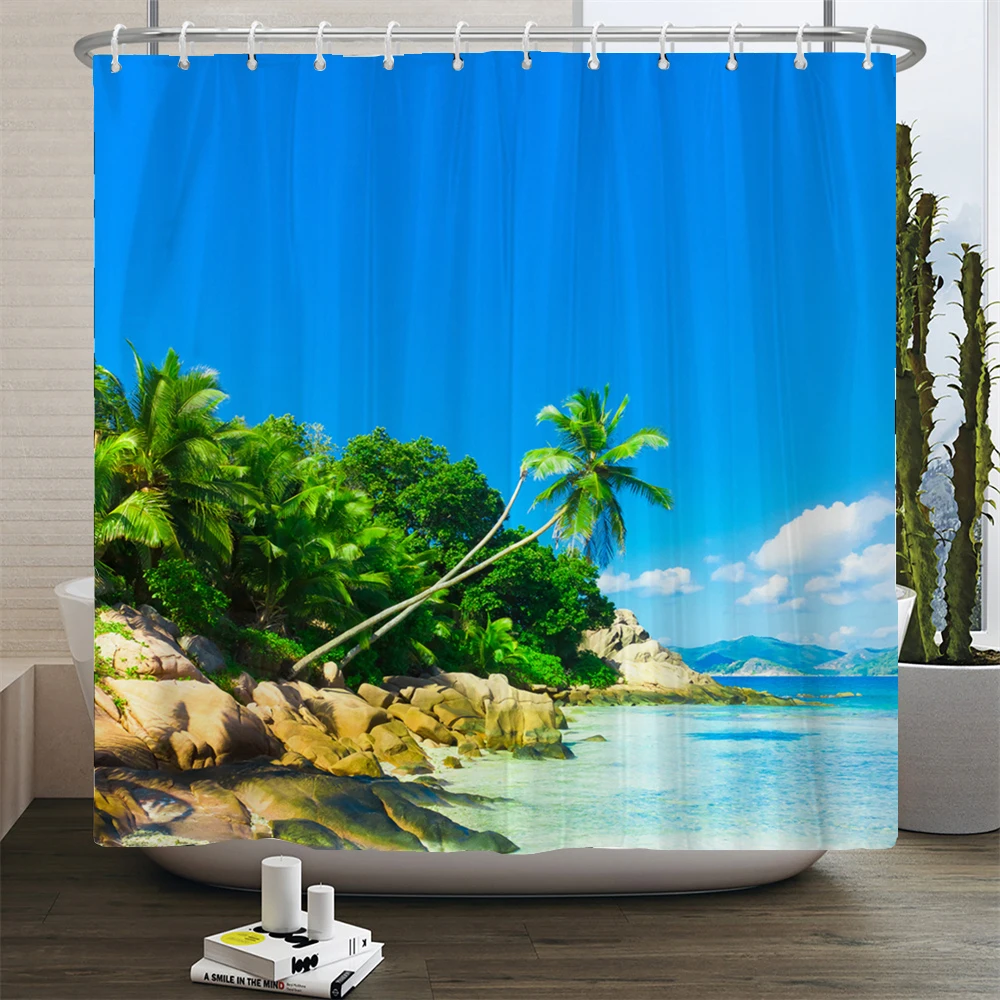 Blue sky Beach Shower Curtain Seaside Scenery Print Bathroom 3D waterproof Bath Curtain Large 180x200cm for bathroom cortina