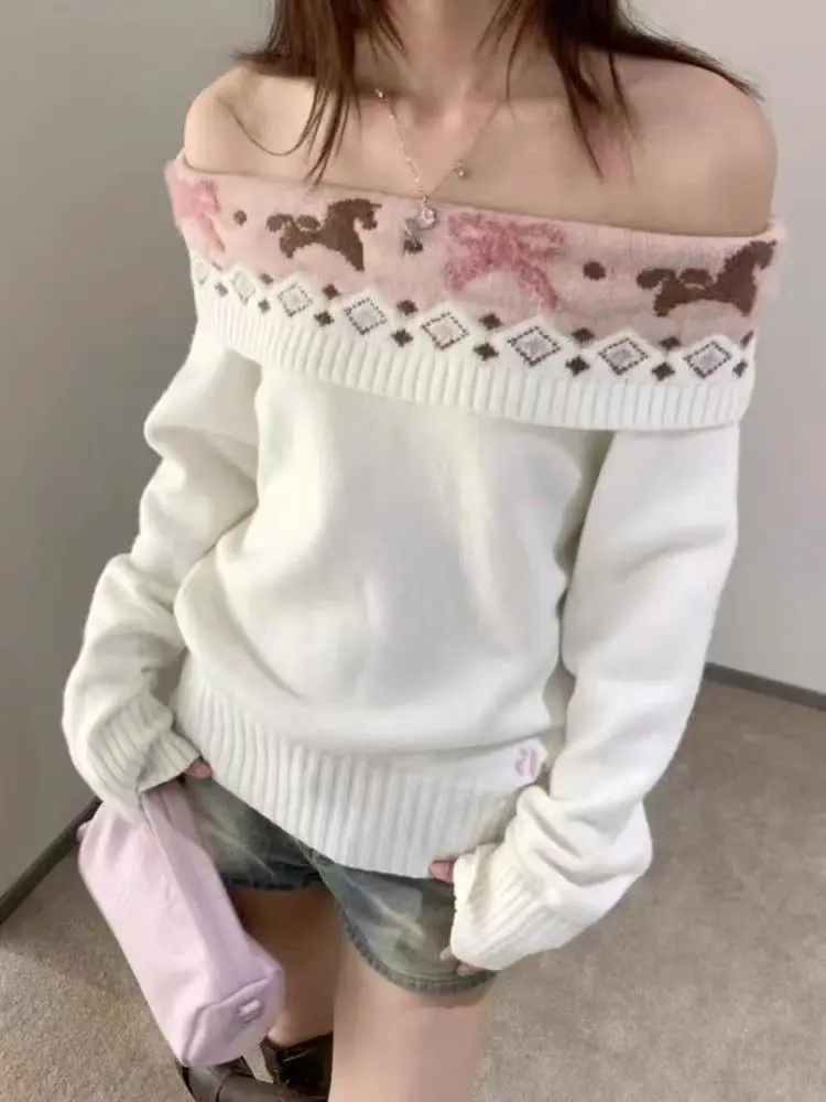 Kimutomo Sweet Cool Spicy Girl Off Shoulder Knit Sweater Women Autumn Winter Unique Design Style Slim Fit Pullover Top