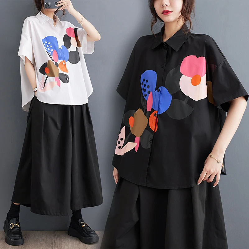 

Faionable Contrast Color Print ort Sve Women's irt Loose Sli Summer Slimming irt Korean Sle Commute Wind