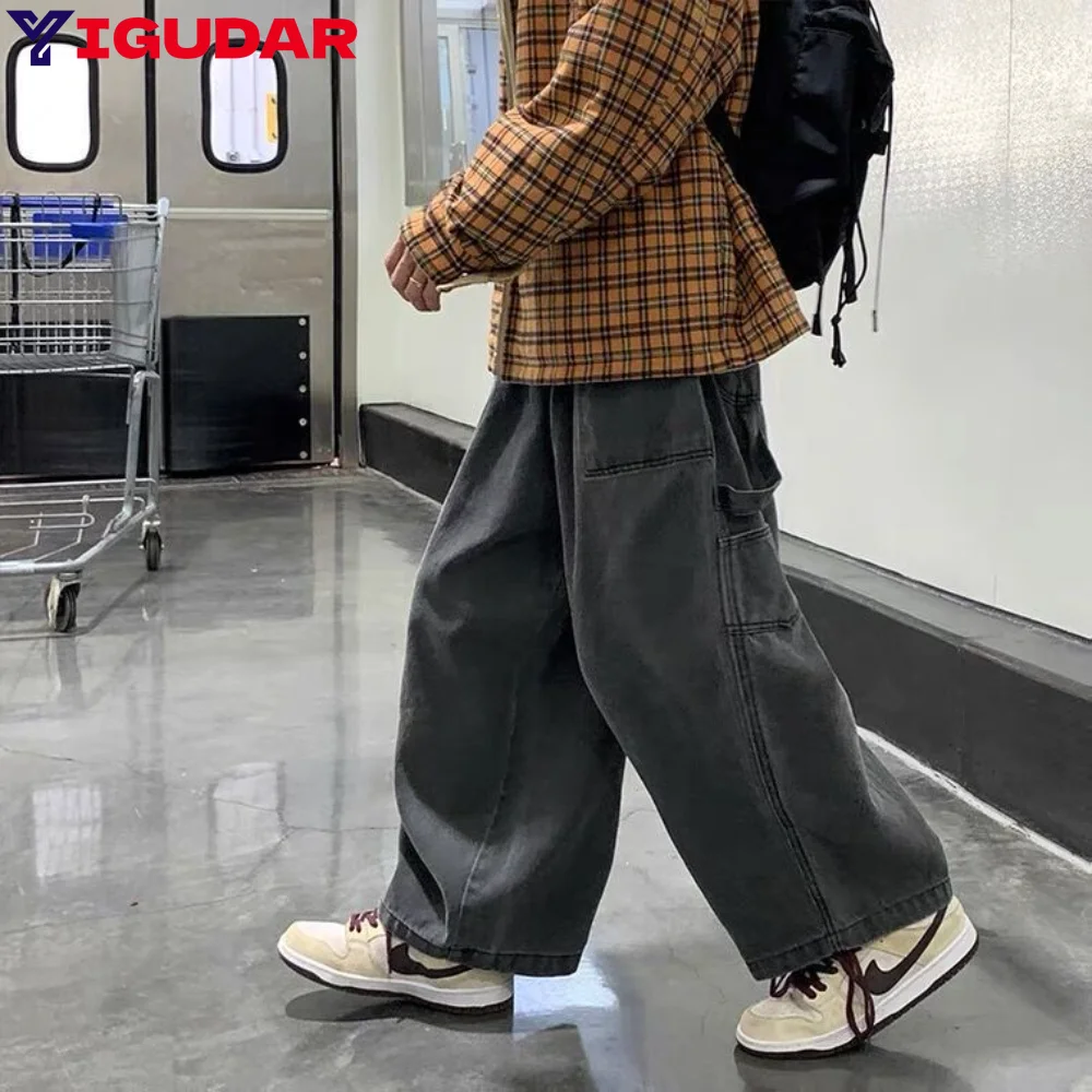 

2025 Streetwear Multi-pocket Ripped Jeans men Cargo pants Loose Wide Leg Pants Japanese Harajuku Casual Baggy Denim Men trousers