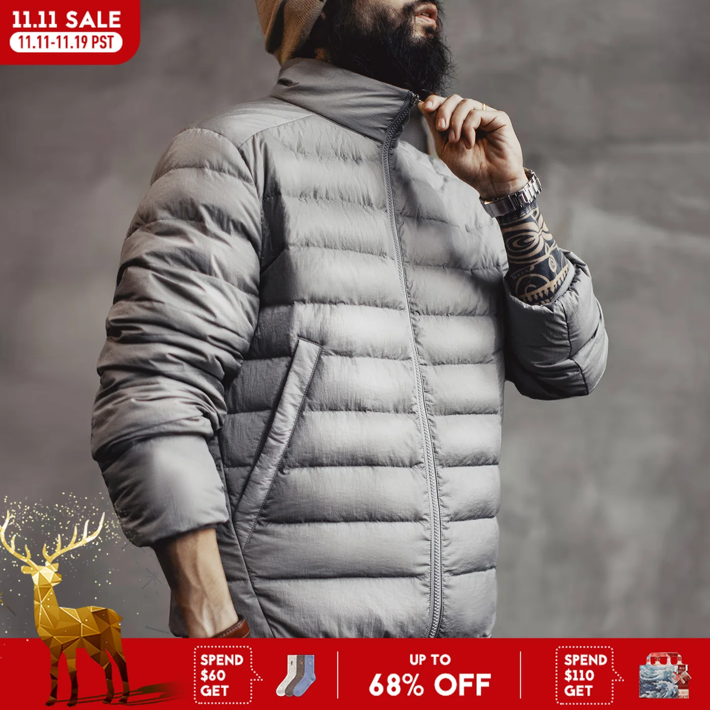 

Maden Winter Men's Stand-up Collar Down Jacket Lightweight Hydrophobic White Duck Down Filling Coat Warm Inner Layer for Fall