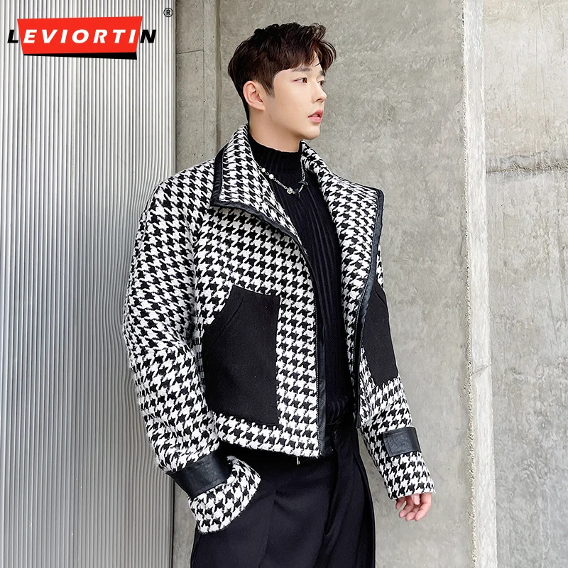 

Men Thousand Bird Checker Jacket Lapel Batwing Sleeve Spliced Loose Coats Streetwear Trend Casual Crop Outerwear