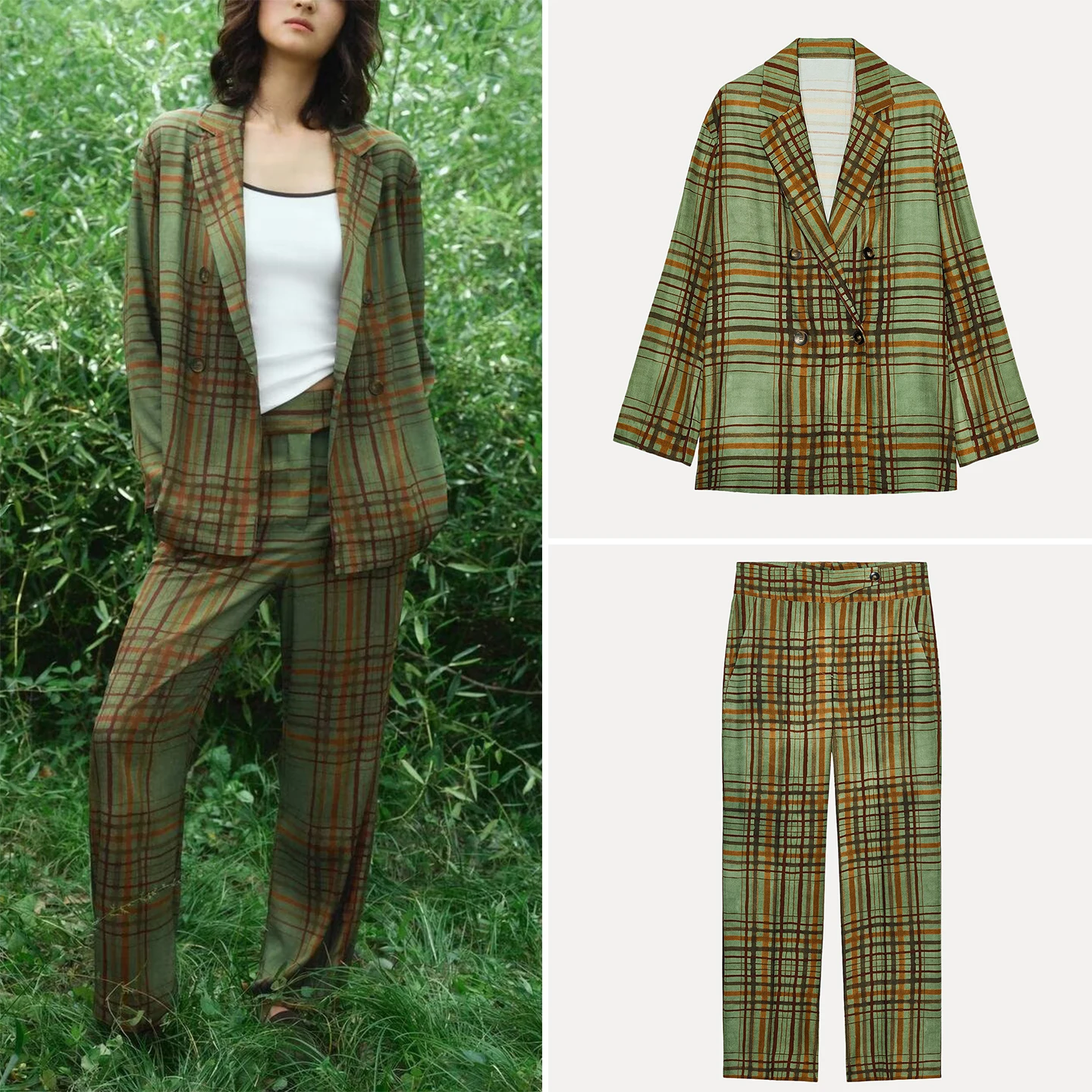 

2025 Autumn New Plaid Suit Jaet Women's Faion Casual Sle with Flared Pants Adult Four Seasons Wear Z Brand