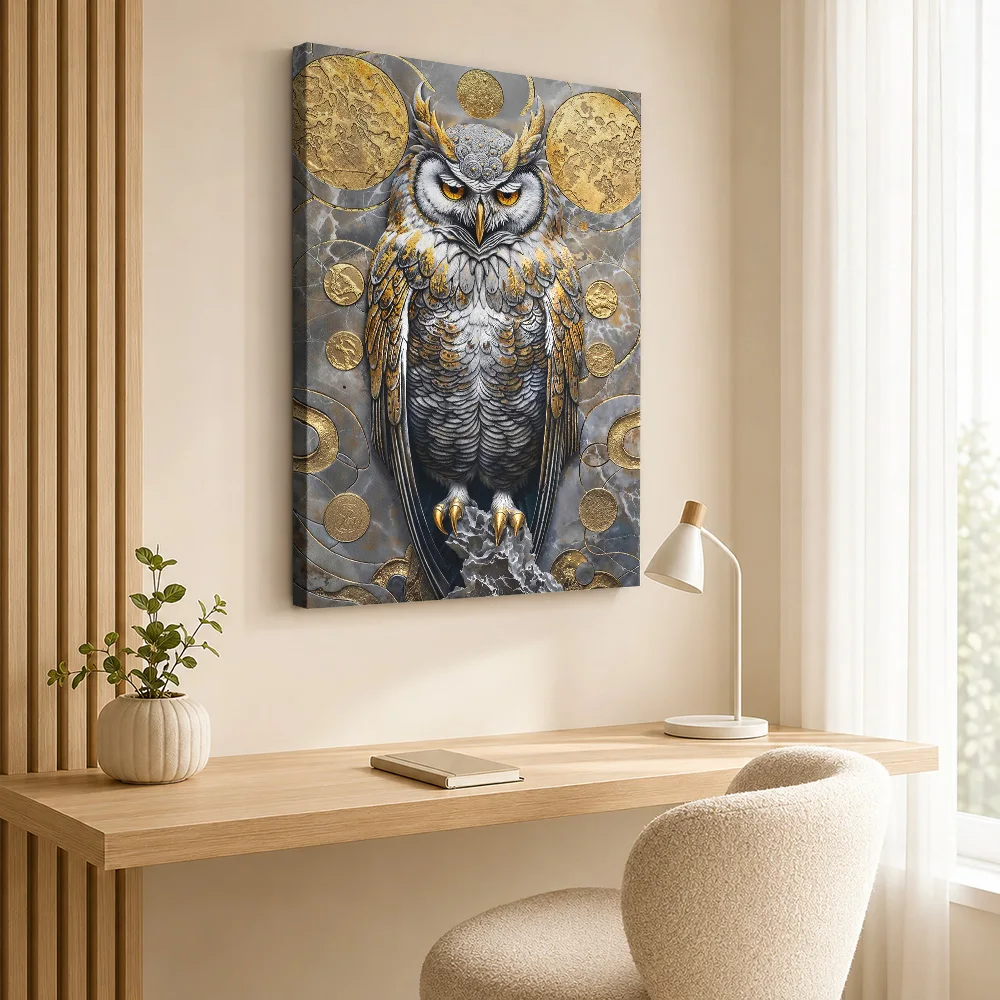 Golden Owl Guardian Majesty Framed Canvas Print Poster Customized Funny Animal Wall Art for Bathroom Decor Gift for Collectors