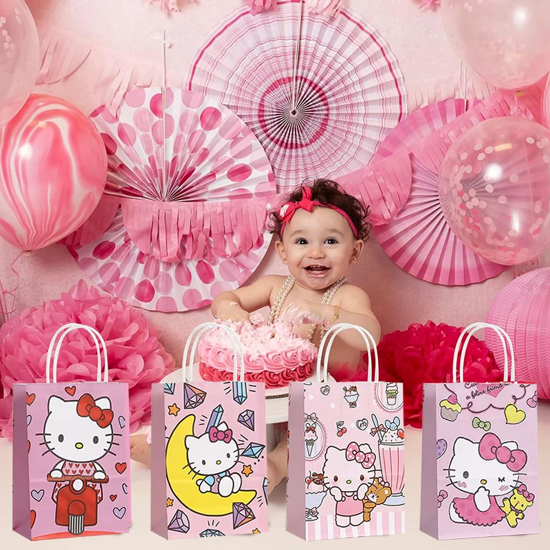 12pcs Hello Kitty Kraft Gift Bags with Handles Pink Kitty Themed Party Paper Favor Bag Baby Shower Kid Birthday Party Decoration