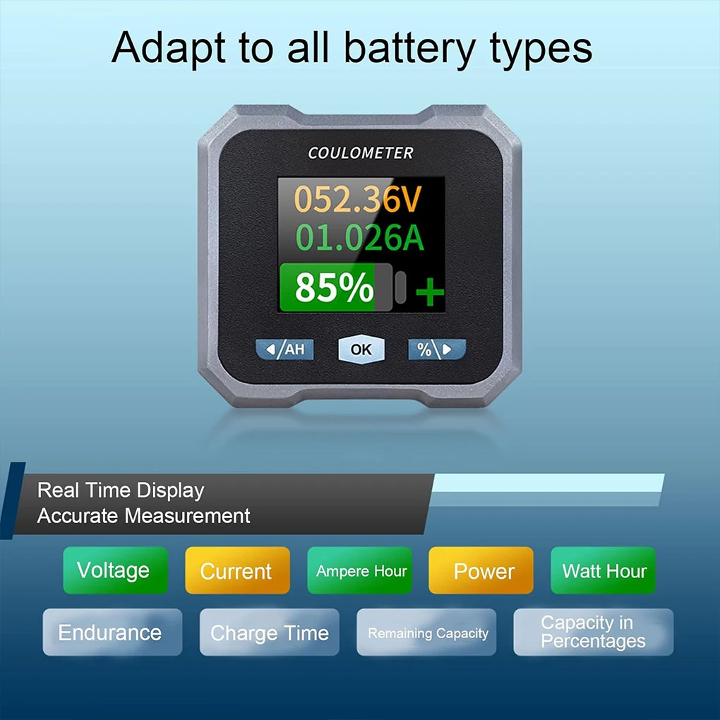 Smart Battery Monitor with Shunt 1.8in LCD Display Bluetooth-compatible Voltmeter Ammeter Voltage Current Meter for 10-100V 50A