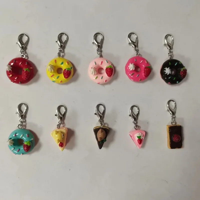 10PCS Resin Doughnut & Cake Pendant Decorations with Zinc Alloy Lobster Claw Clasps Clip-on Charms Mixed Color 37~42mm 10pcs/set