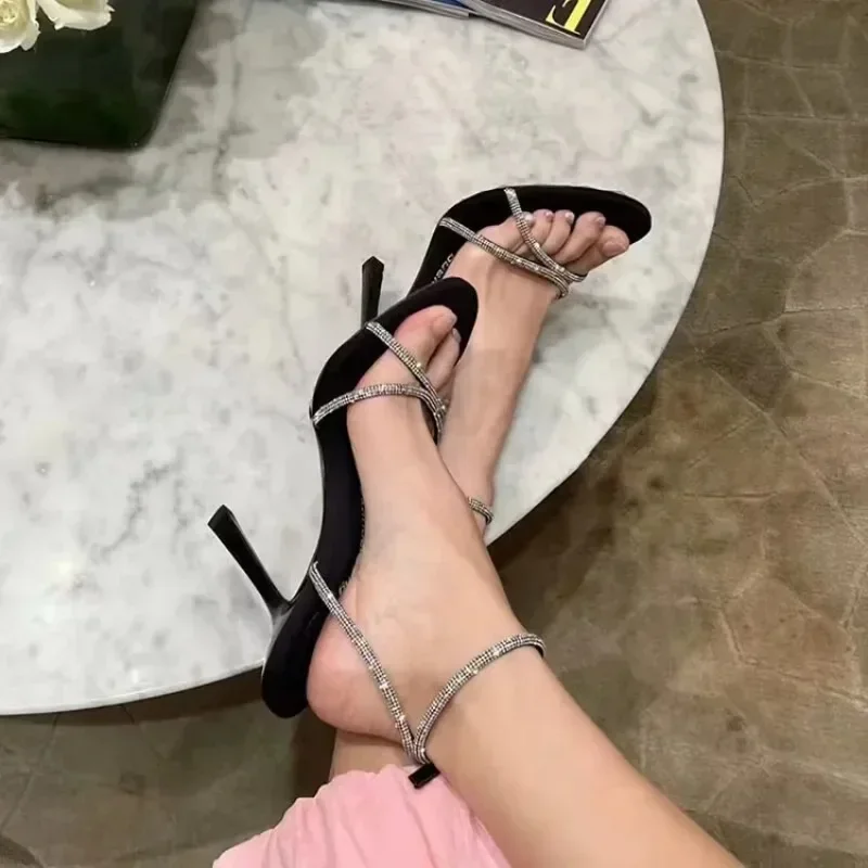 Brand Design Pink High Heels Sandals Women Summer 2024 Crystal Ankle Straps Sandals Woman Plus Size40 Thin Heeled Party Shoes