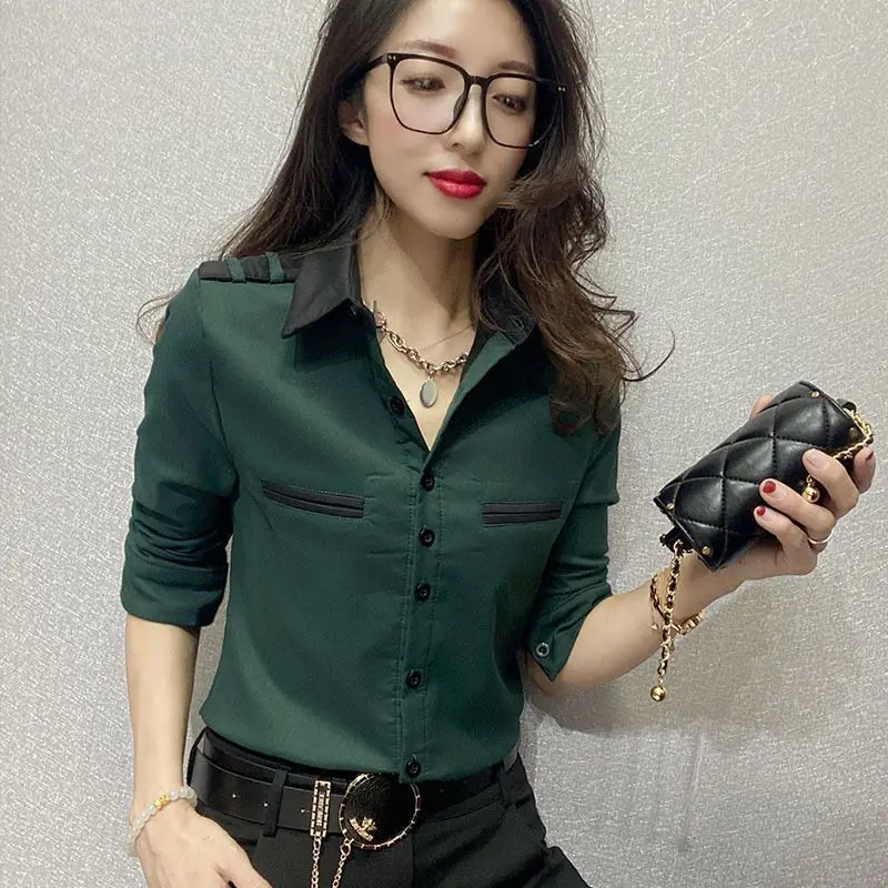 Luxury Fashion Office Lady Women 2024 Spring New Korean Slim Shirt Long Sleeved Lapel Collar Contrasting Colors All-match Tops