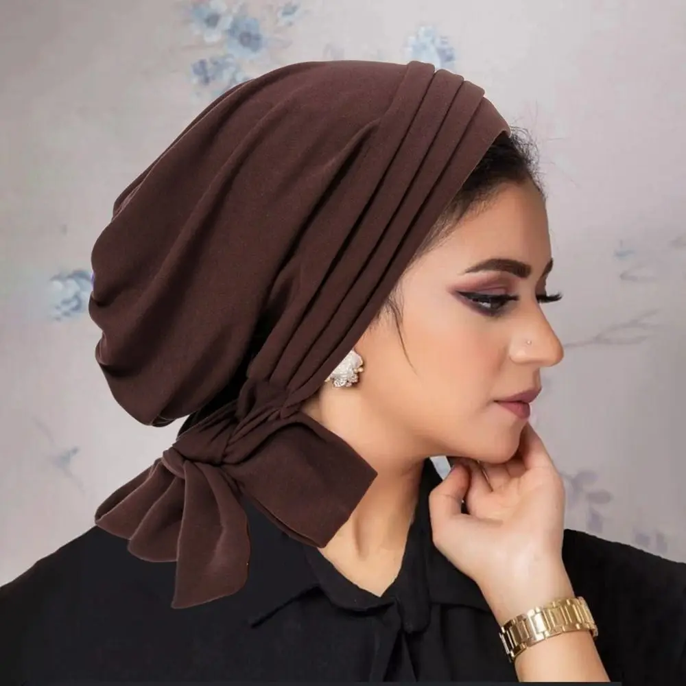New Pre-Tied Muslim Women Hijab Bonnet Ruffle Solid Color Turban Chemo Cap Mujer Suede Surface Islamic Cancer Headwear Scarf