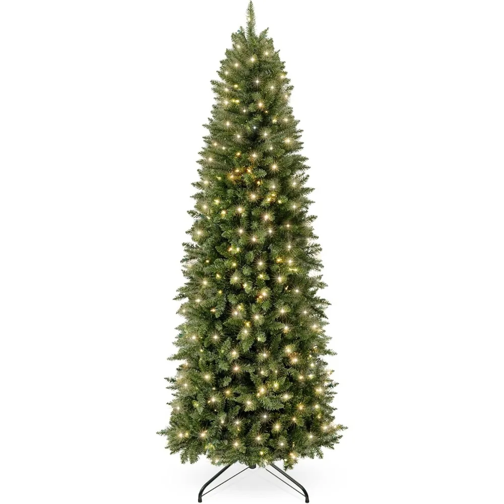 

Pre-Lit Pencil Christmas Tree, Skinny Spruce Slim Holiday Decoration w/ 1,075 Tips, 350 Lights, Metal Hinges & Base