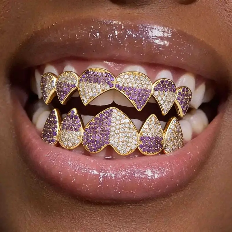 Bühnenauftritt Iced Out Herz Grillz Glänzender Hip-Hop Zahnschmuck Unisex für Weihnachten Neujahr Geschenkidee – Detail 1