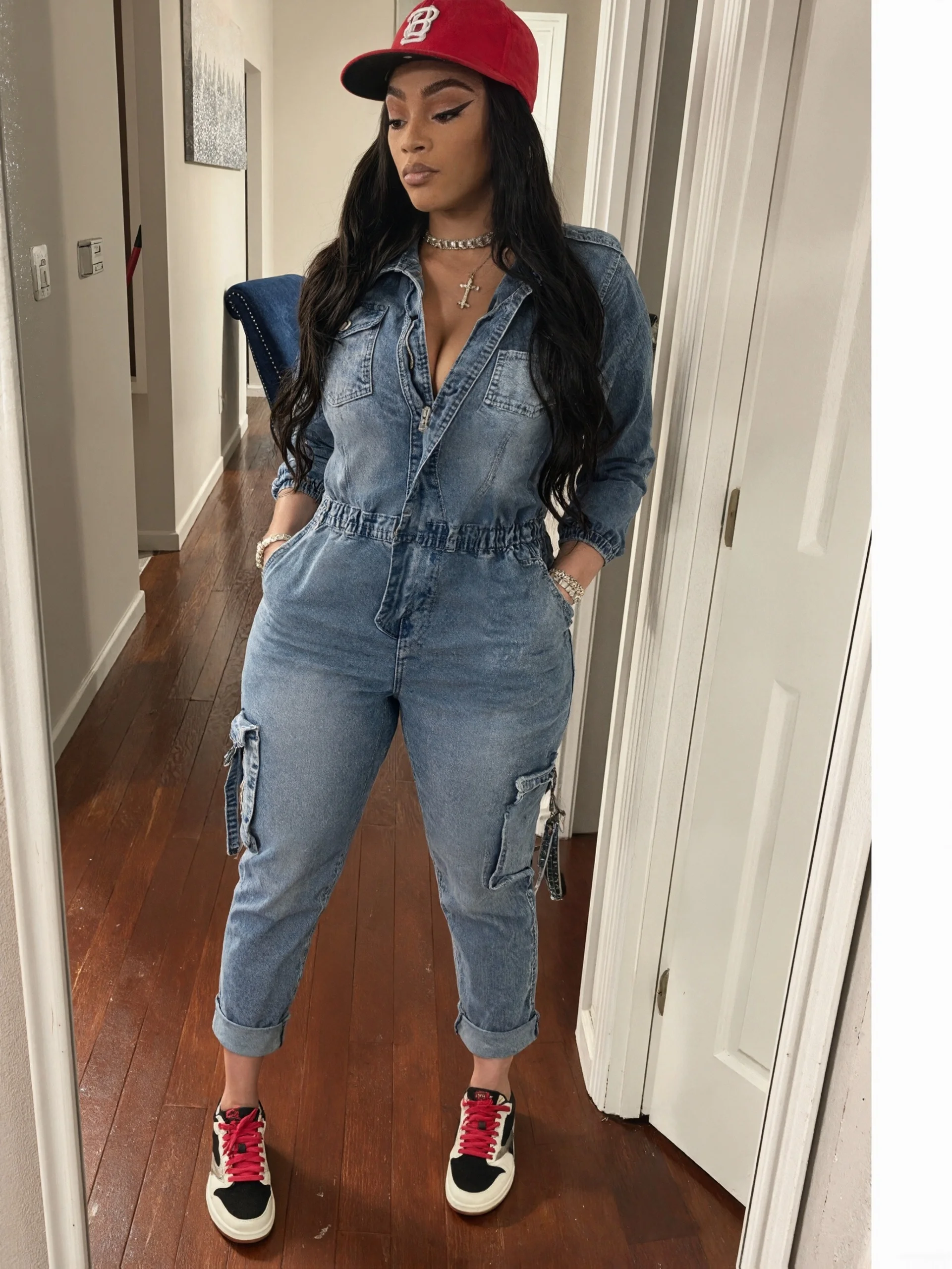 بدلة عمل نسائية ضيقة عالية المرونة من قماش الدنيم، بذلة عصرية، بذلة بأكمام طويلة على طراز الشارع #2