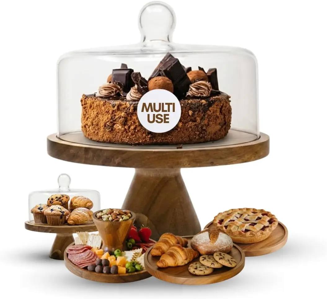 

Acacia Wood Cake Stand with Glass Dome, Reversible Serving Board for Desserts, Charcuterie, and Gifts