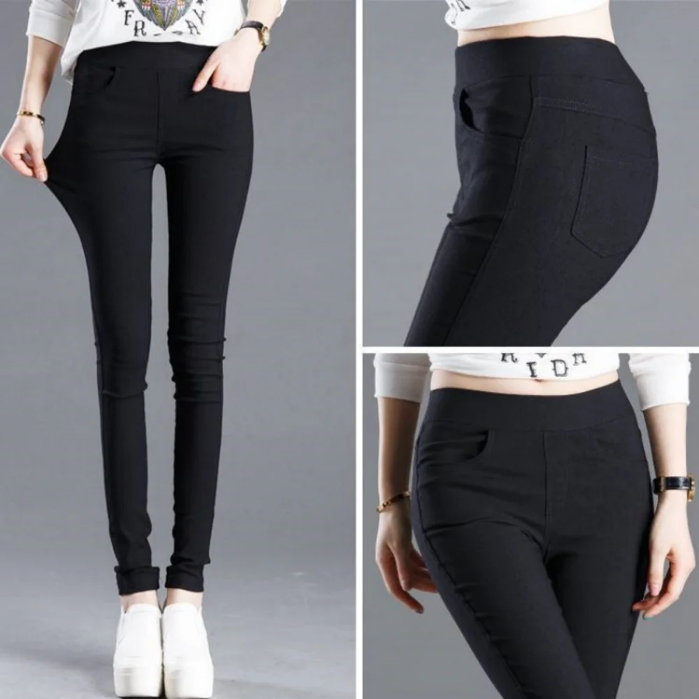 エレガントなスリムフィットソリッドレギンスパンツファッション女性弾性ストレッチスキニーポケットペンシルレギンスオフィスレディ通勤アウター