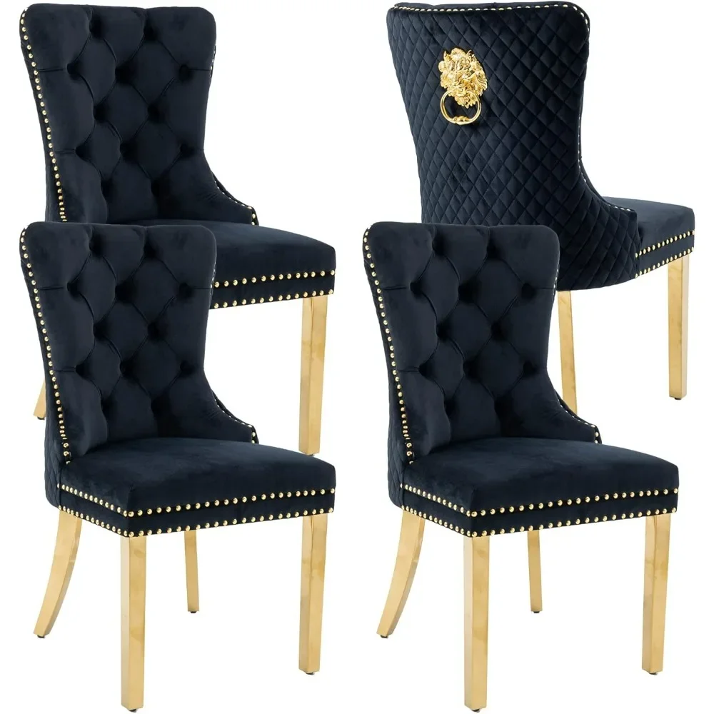 Velvet Upholstered Dining Chairs Set of 4, Modern Button Tufted Chairs with Lion Head Pull Ring and Stainless Steel Legs, Chairs