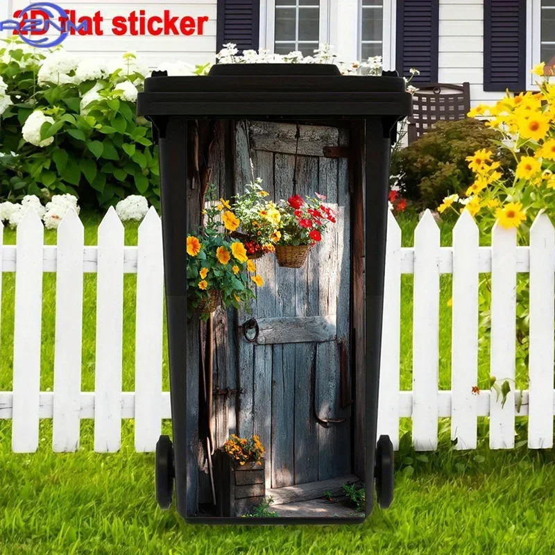 2D 1PCHanging Flower Baskets Trash Can Stickers Painting, Rustic Door Scene Self-Adhesive Stickers, Classic Trash Can Stickers