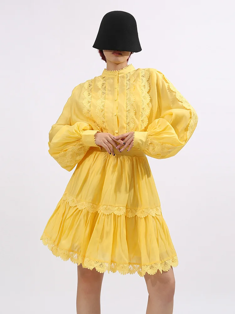 

High Quality Lace Slim Dresses Spring Women Lantern Sleeve O Neck Mini Dress Autumn High Waist Solid Color Casual Short Dress