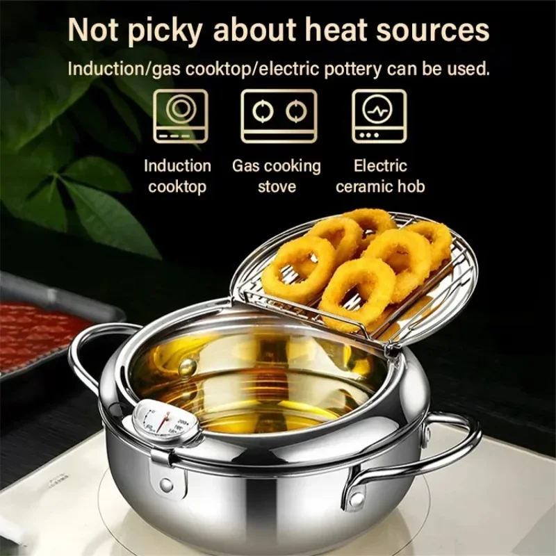 Japanese Deep Frying Pot with a Thermometer and a Lid 304 Stainless Steel Deep Fryer  Cooking Tools