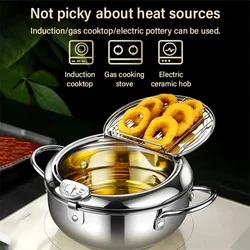 Japanese Deep Frying Pot with a Thermometer and a Lid 304 Stainless Steel Deep Fryer  Cooking Tools