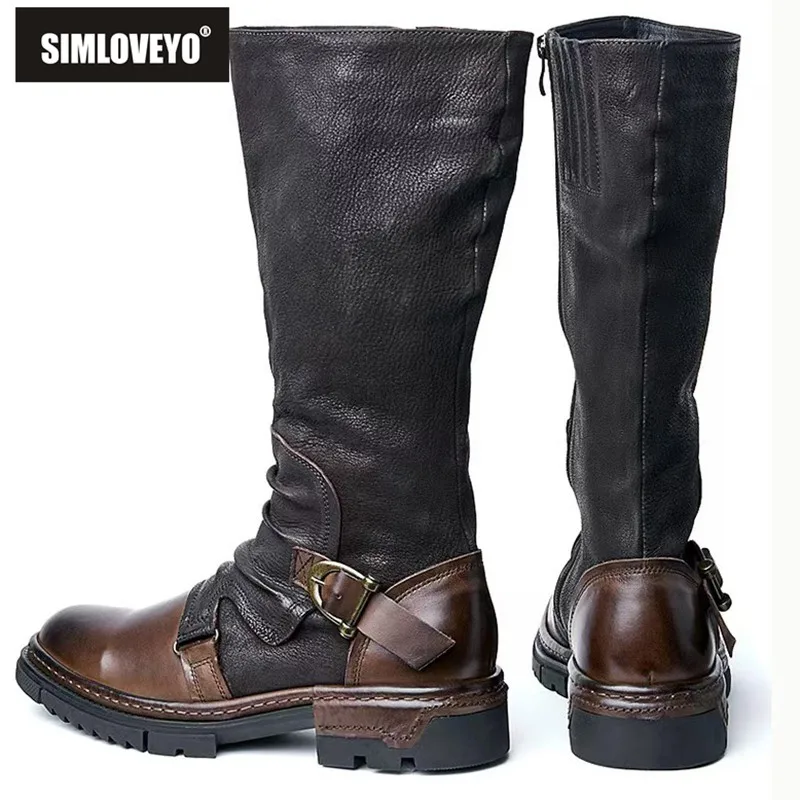 

SIMLOVEYO Retro Women Riding Boots Round Toe Low Heels Zipper Belt Buckle Mixed Color Plus Size 46 47 48 Leisure Knee High Bota