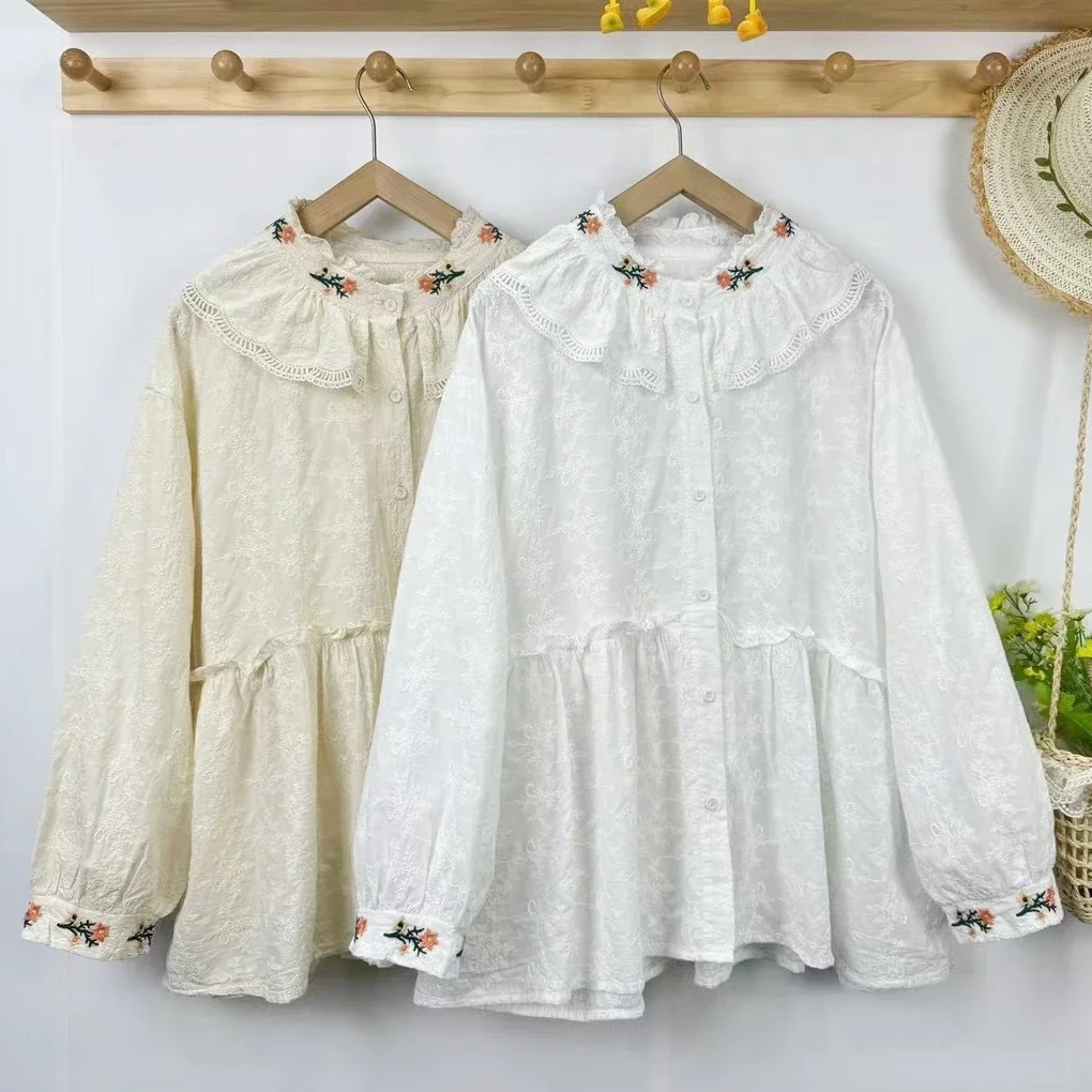 Female Japanese Mori Girl Retro Chic Cotton Ruffled Lace Floral Embroidery Shirt Vintage Cottage Core Sweet Tunic Loose Blouse