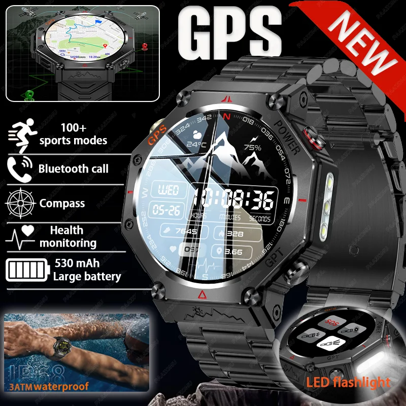 

2025 Новые мужские умные часы с GPS на открытом воздухе, 3 атм, водонепроницаемые, со встроенным двухдиапазонным компасом GNSS, военный спортивный фонарик, BT Call SmartWatch